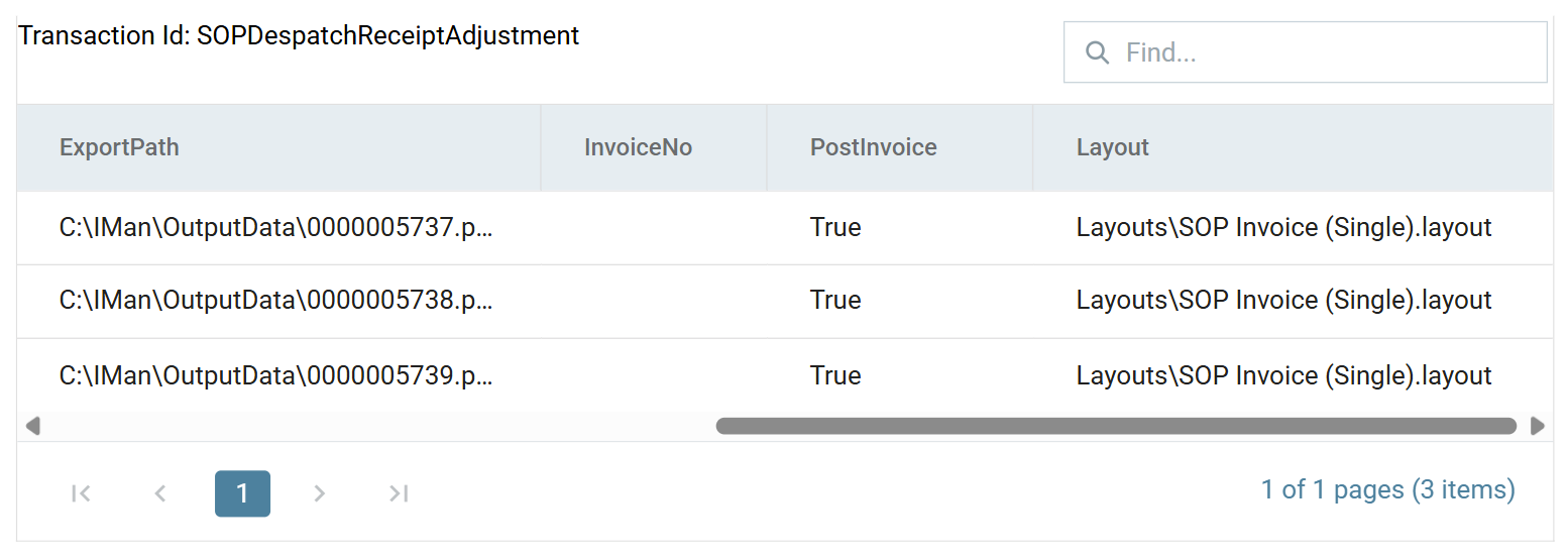The INVOICEPREP preview showing ExportPath evaluated to a full path ending in the despatch number and .pdf, PostInvoice True and the invoice layout on every row