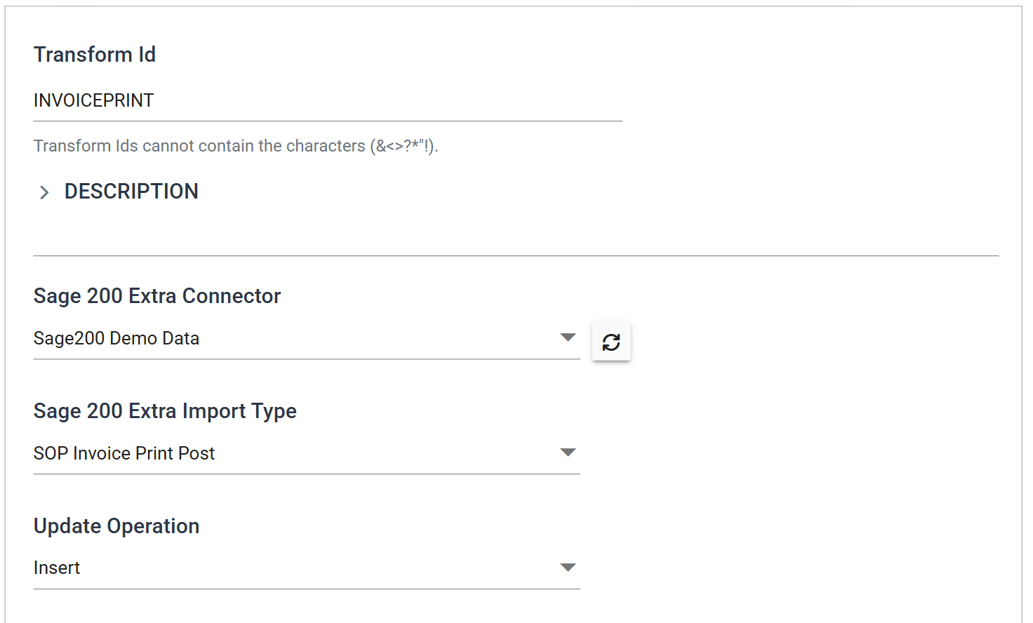 The invoice print connector's Setup tab with Transform Id INVOICEPRINT, the Sage200 Demo Data connection and Sage 200 Extra Import Type SOP Invoice Print Post