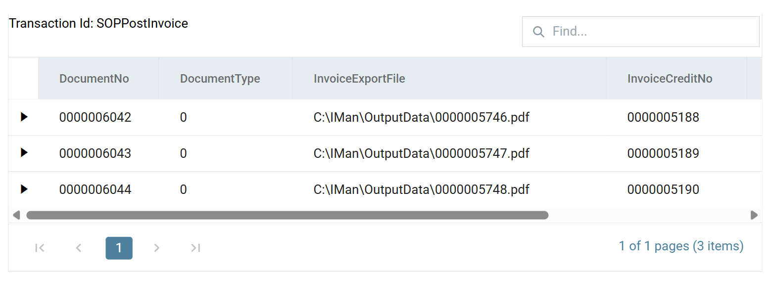 The invoice print preview on transaction SOPPostInvoice, listing three orders with the PDF path each invoice was written to and the invoice number Sage 200 generated