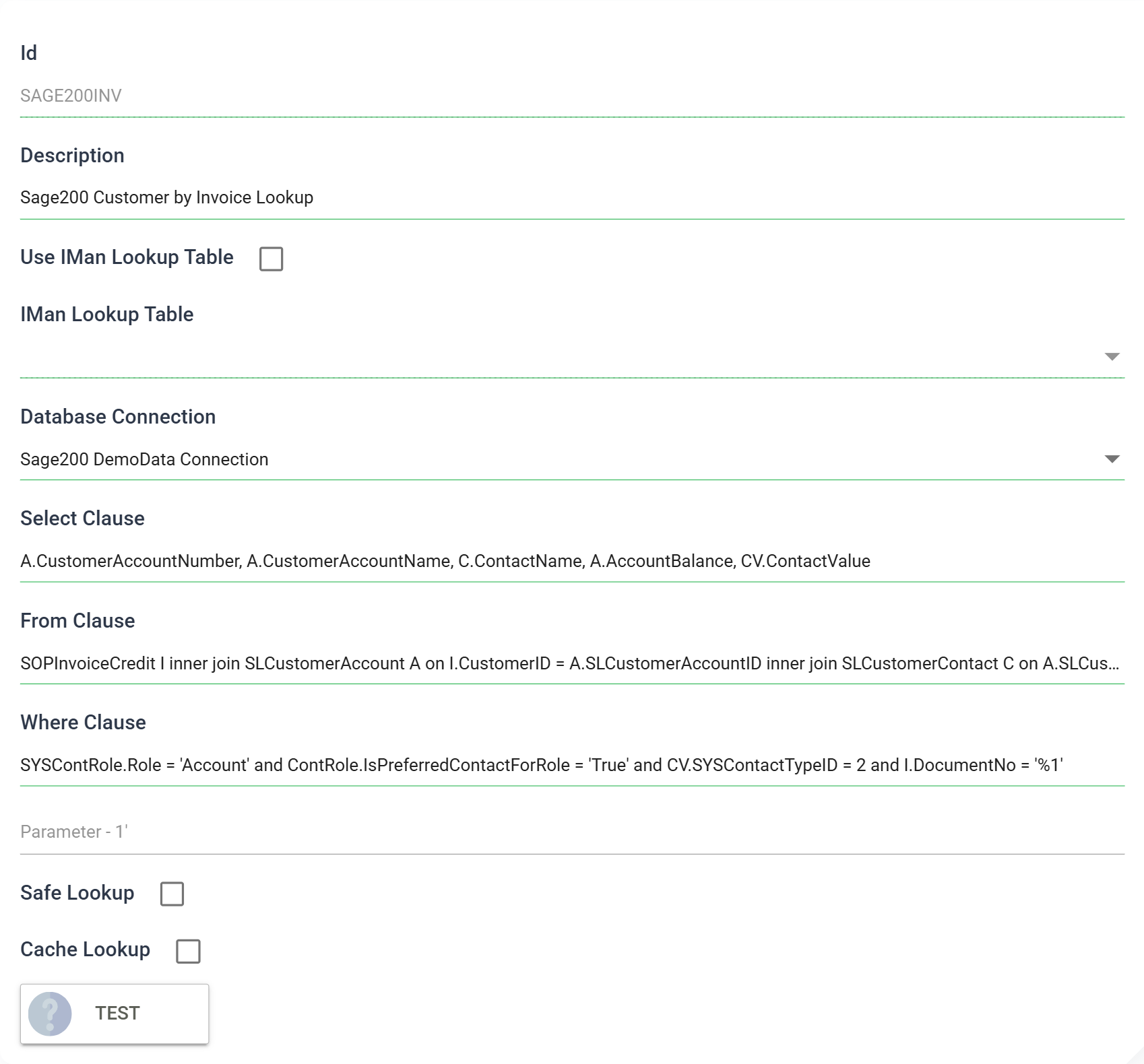The Lookups form filled in with id SAGE200INV, the Sage200 DemoData Connection, and the select, from and where clauses, with an empty Parameter box below the where clause