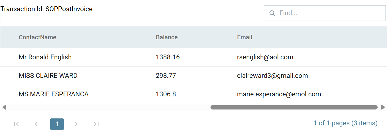 The EMAILPREP preview scrolled to the end, showing ContactName, Balance and Email resolved for all three invoices