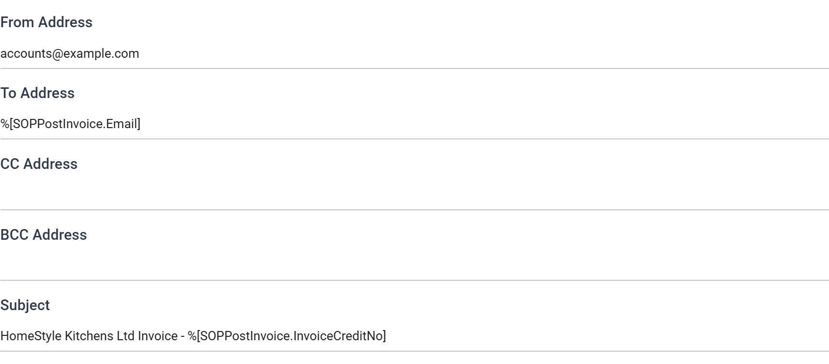 The From, To, CC, BCC and Subject boxes, with To holding the SOPPostInvoice Email merge field and the subject combining fixed text with the invoice number