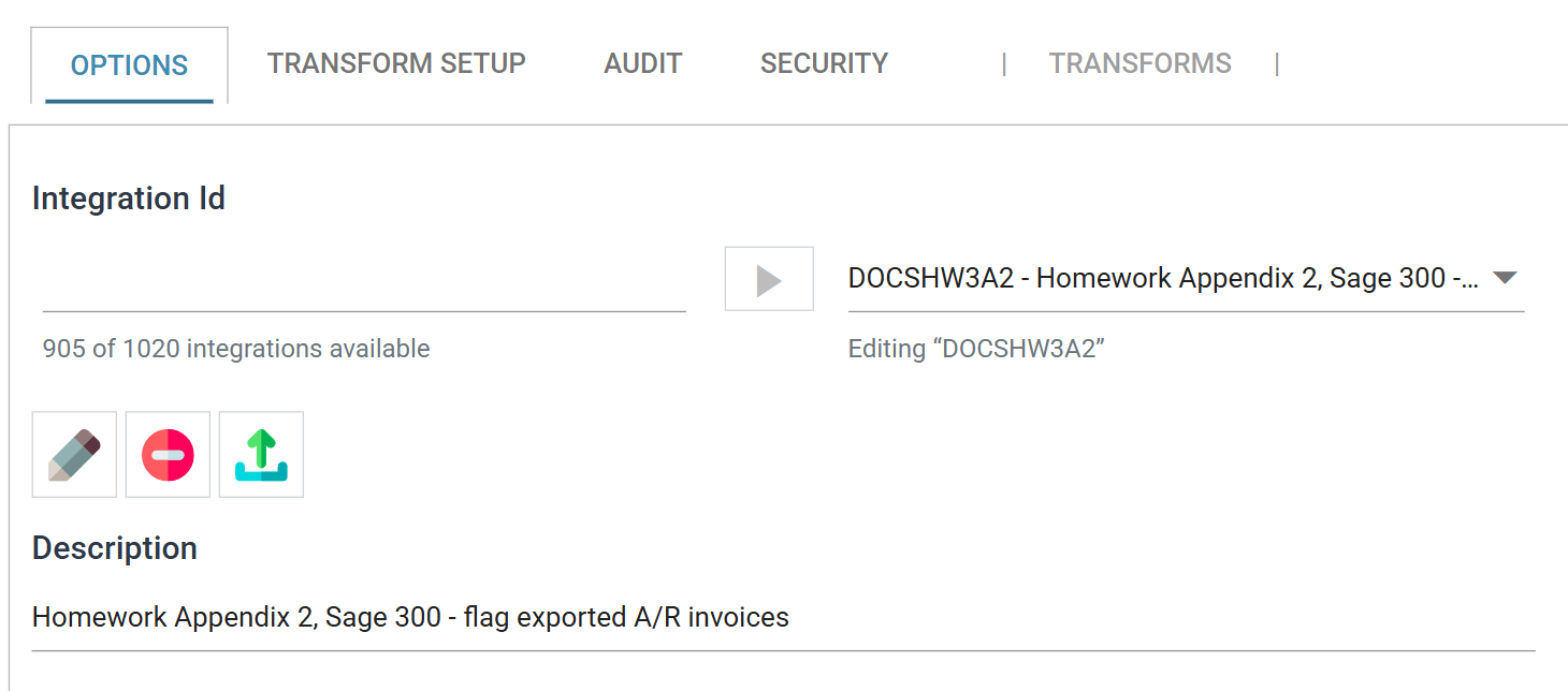 The Design screen's Options tab, with the new integration created and its Description filled in.