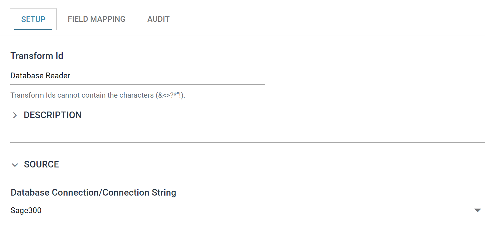 The Database Reader Setup tab, with the Source section showing Database Connection/Connection String set to Sage300.