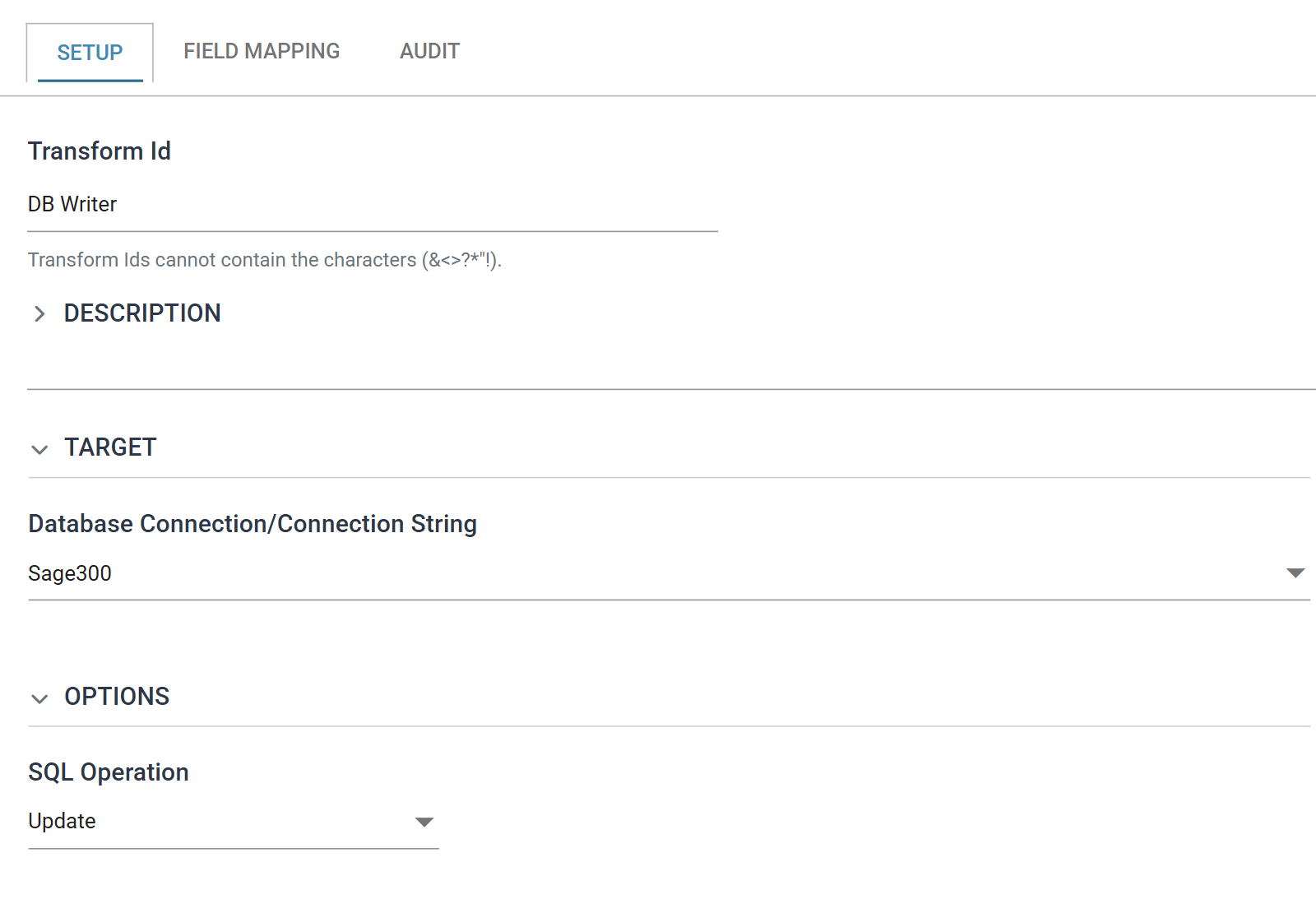 The Database Writer Setup tab: Database Connection Sage300 and SQL Operation Update.