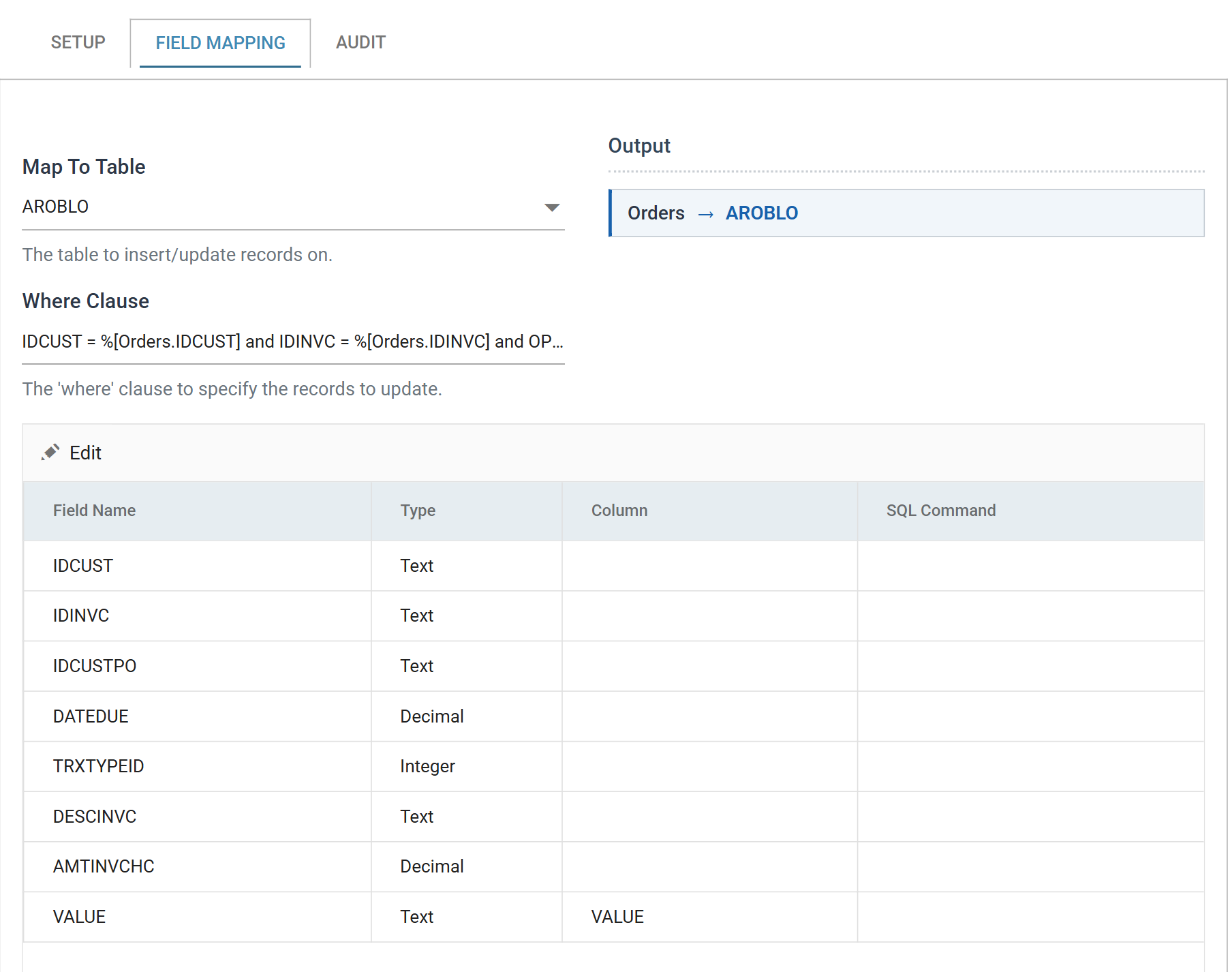 The Database Writer Field Mapping tab: Map To Table AROBLO, the Where Clause, the Output tree showing Orders mapped to AROBLO, and the field grid with a Column only against VALUE.