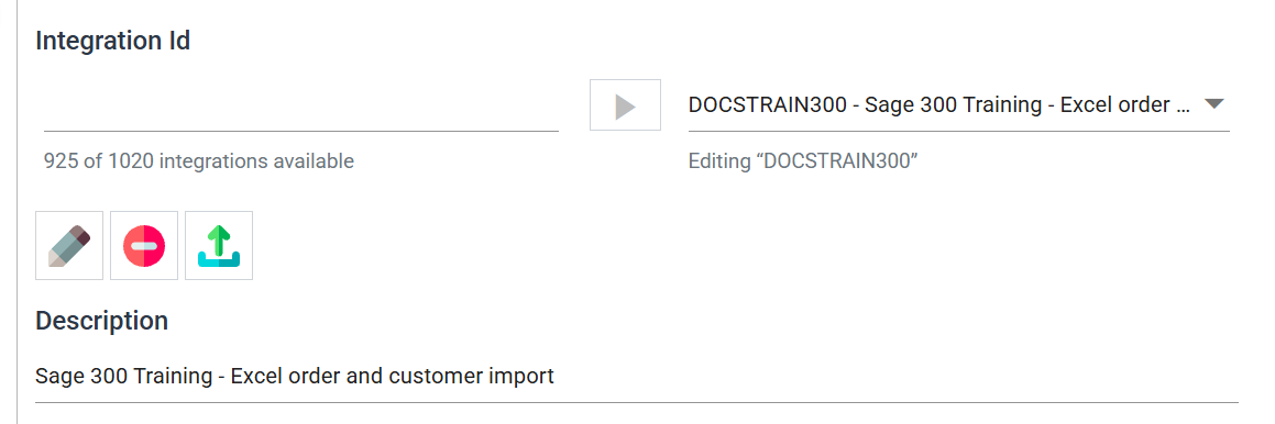 The saved integration: the drop-down now reads DOCSTRAIN300 followed by its description, and the panel below reports Editing DOCSTRAIN300
