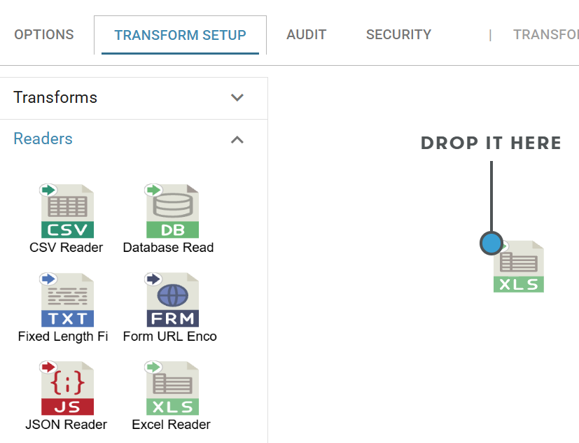The Transform Setup tab with the Readers palette open, and an Excel Reader dropped onto the design surface