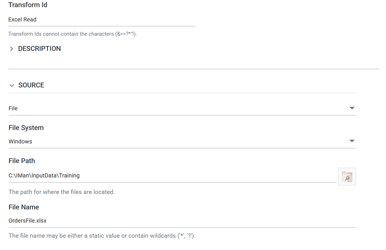 The Setup tab: Transform Id set to Excel Read, and the Source section with the data source, file system, path and file name
