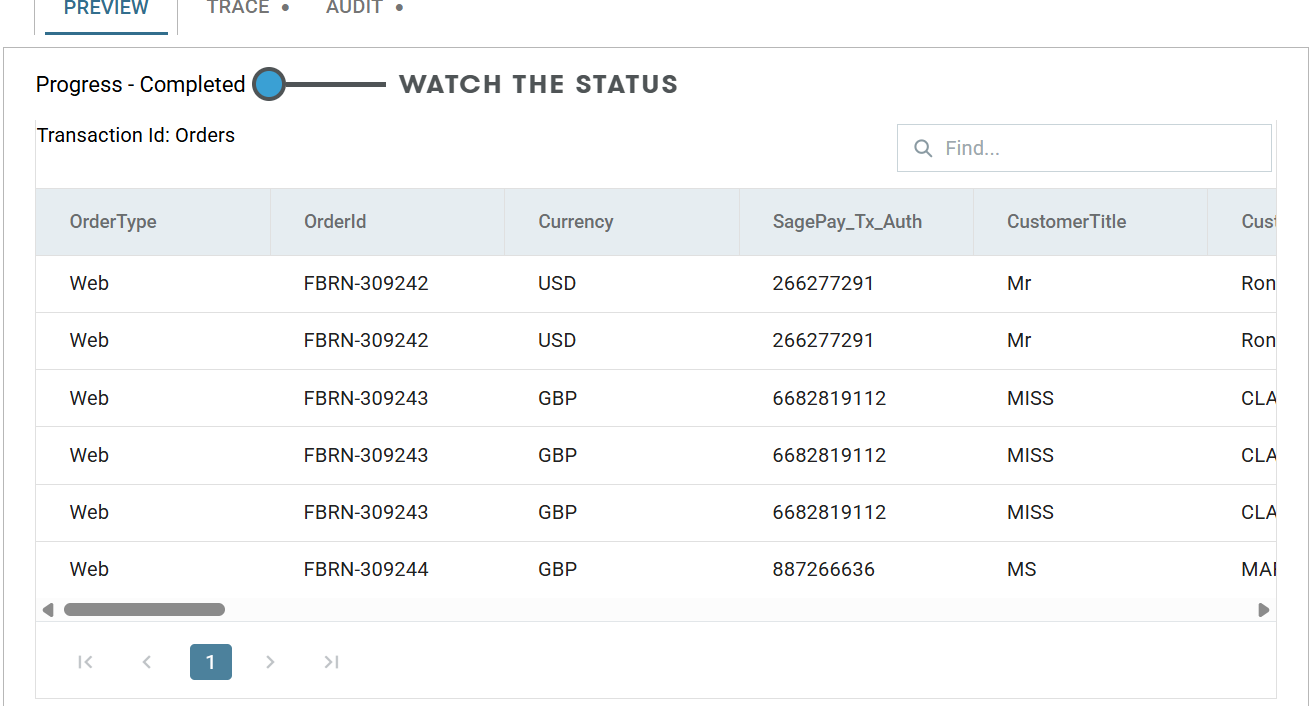 The preview pane showing Progress - Completed and the first rows of the orders file