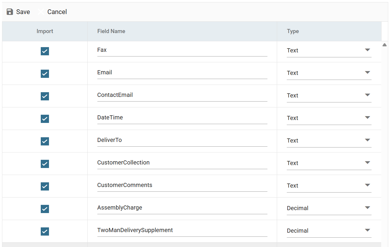 The field grid in edit mode, with the Type column editable