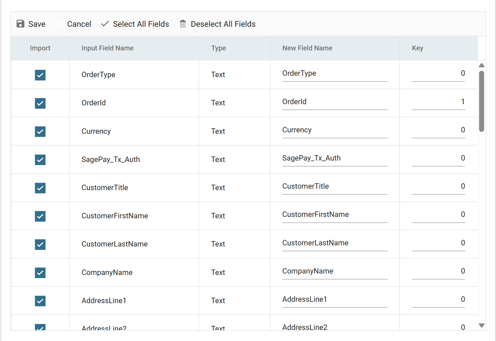 The header field list in edit mode, scrolled to the top, with every field ticked in the Import column