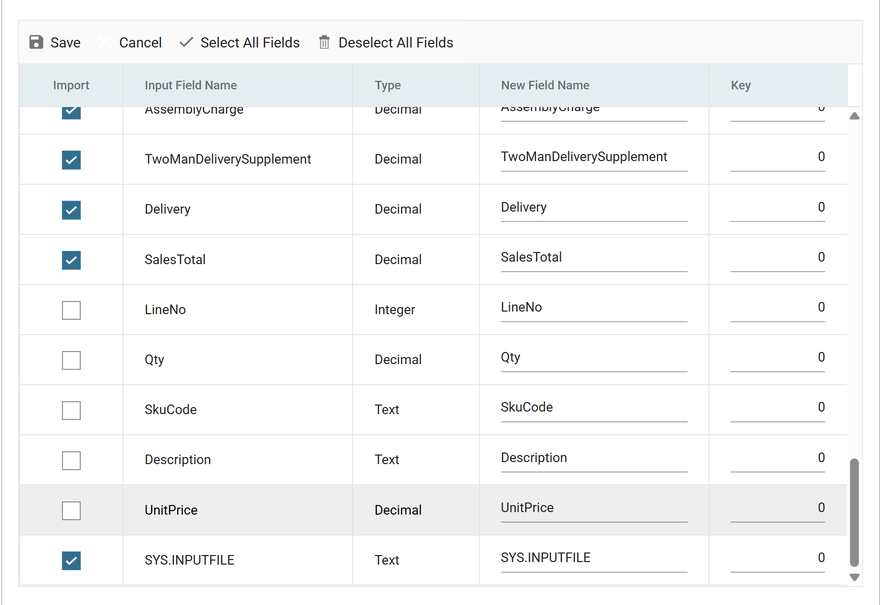 The end of the header field list, with Import unticked for LineNo, Qty, SkuCode, Description and UnitPrice