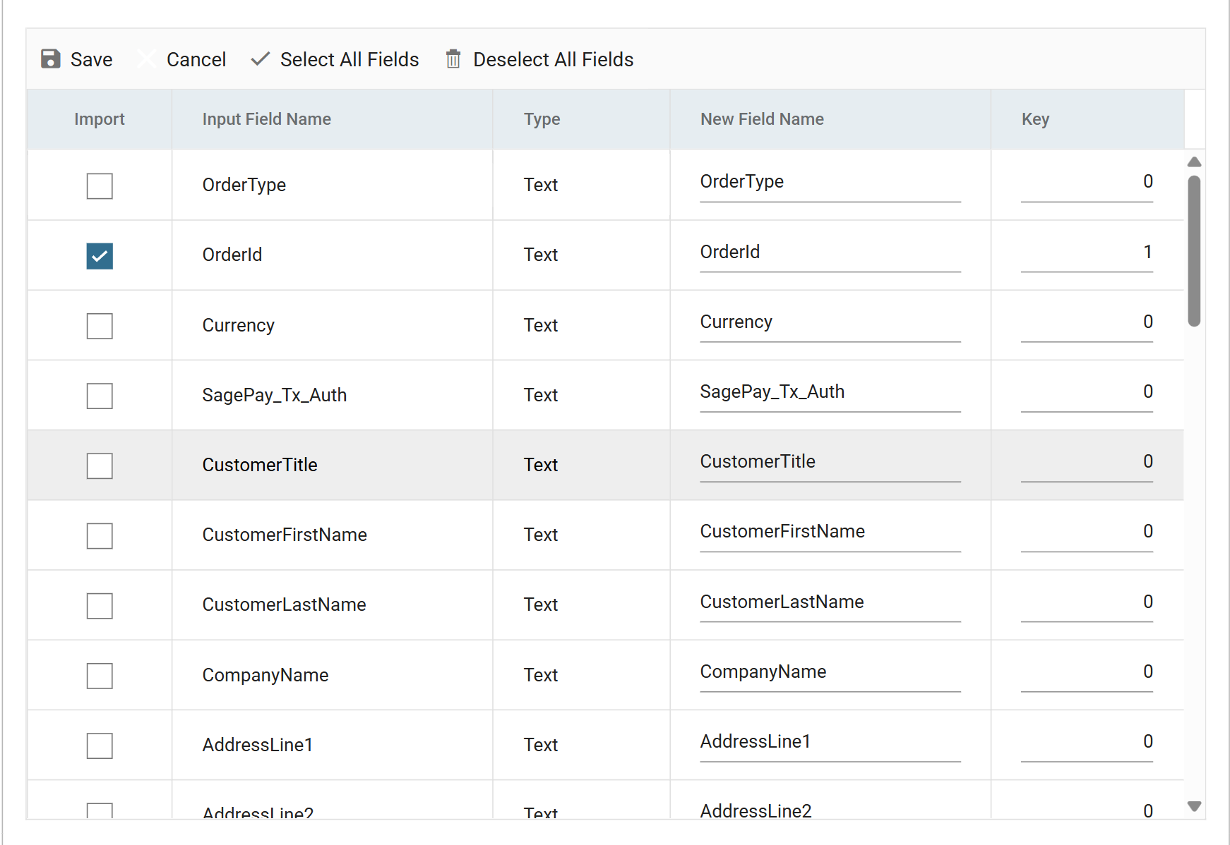 The detail field list, scrolled to the top, with OrderId ticked and its Key set to 1
