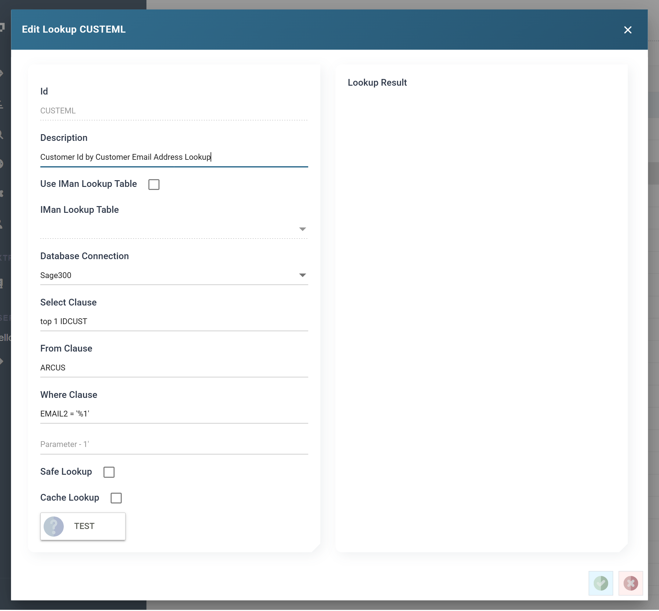 The lookup editor showing the database connection, select, from and where clauses