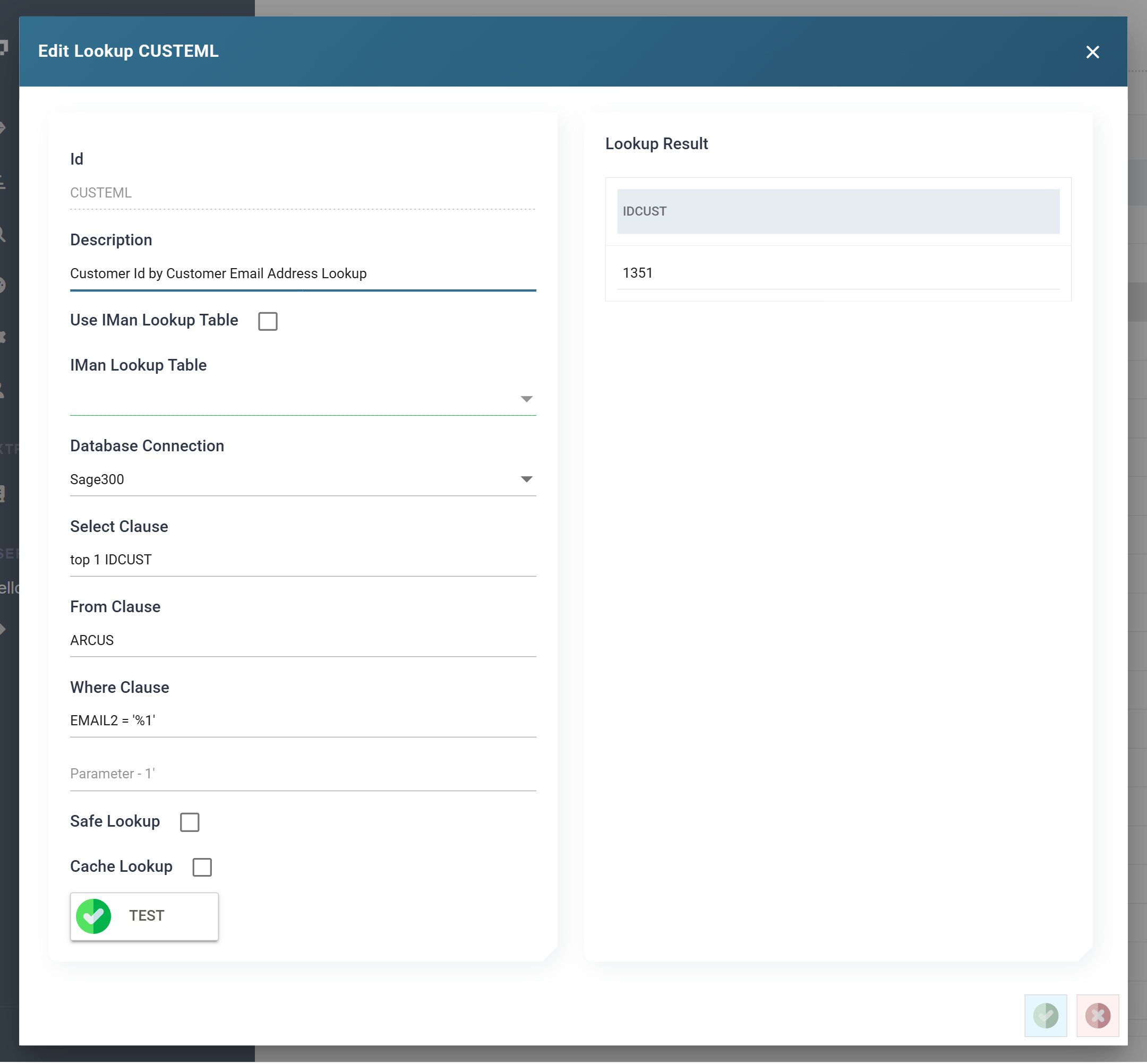 The lookup editor after pressing TEST, showing the returned customer Id