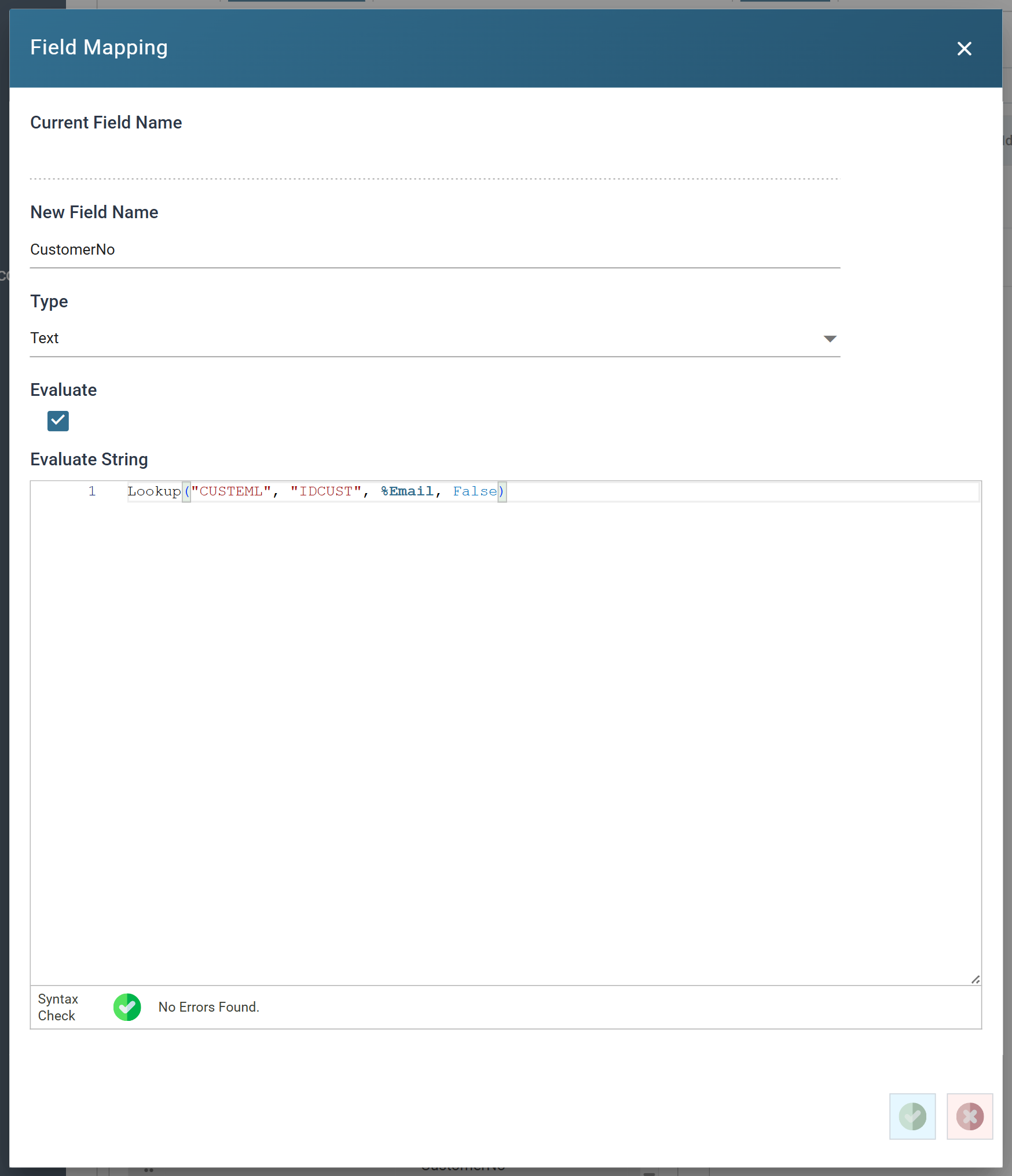 The Field Mapping dialog for CustomerNo, containing the Lookup formula