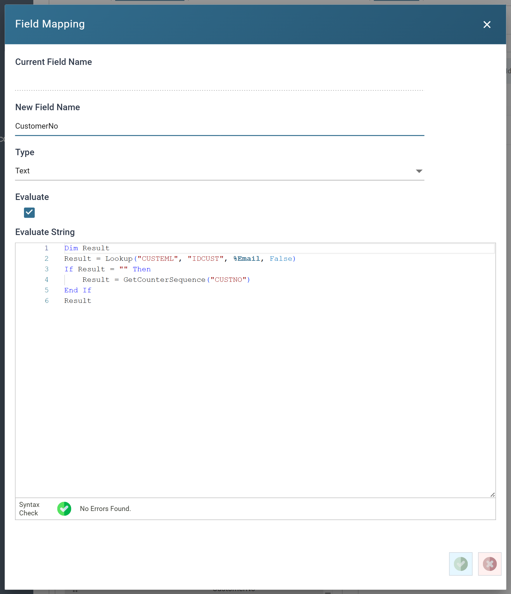 The Field Mapping dialog for CustomerNo, containing the full formula with the counter fallback