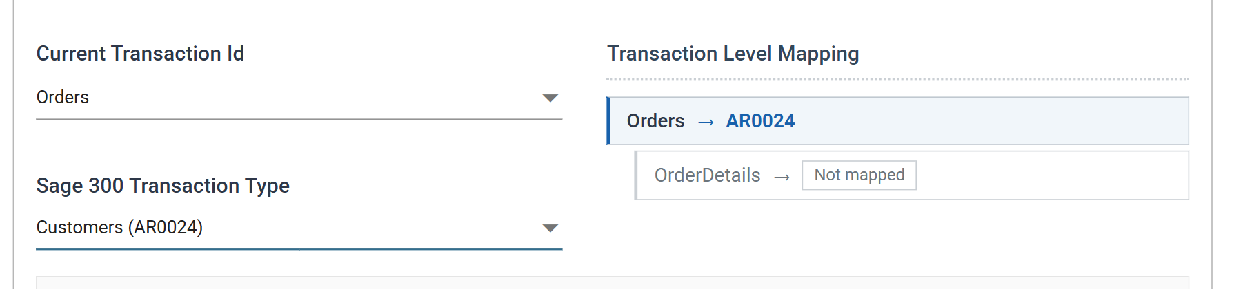 The Field Mapping tab with Orders selected, the transaction type set to Customers (AR0024), and the Transaction Level Mapping panel showing Orders mapped to AR0024