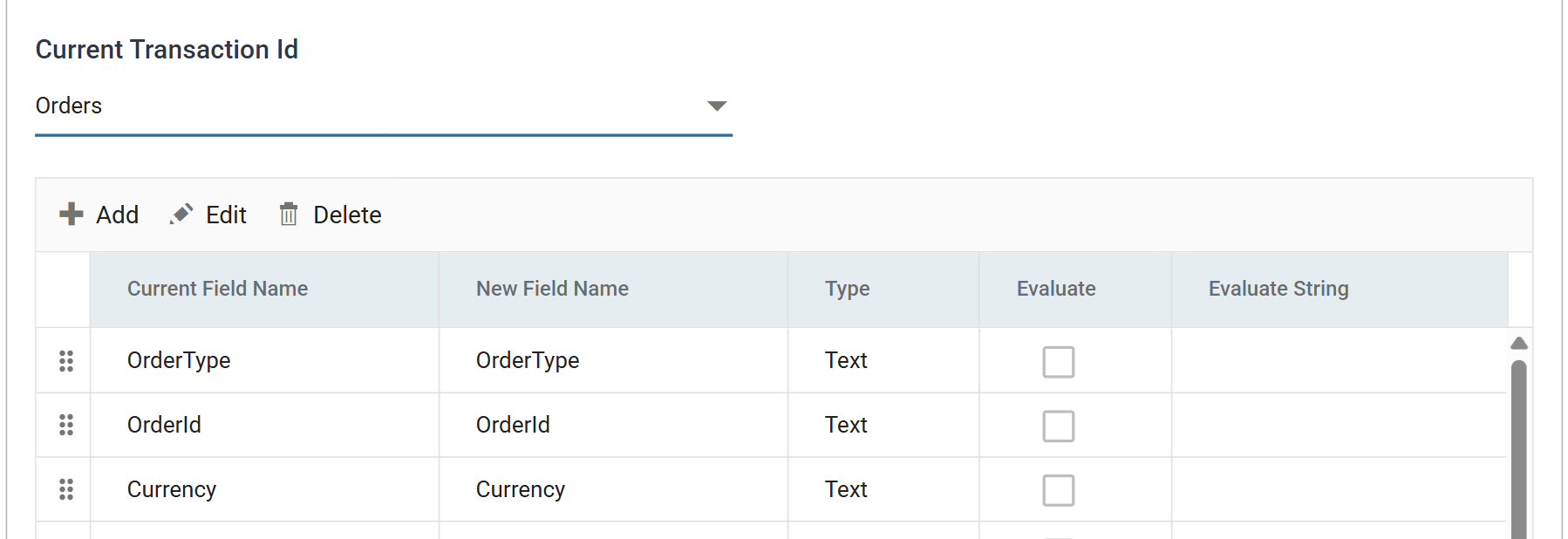 The Map transform's Field Mapping tab, with Orders selected in the Current Transaction Id drop-down and the Add, Edit and Delete buttons above the field grid