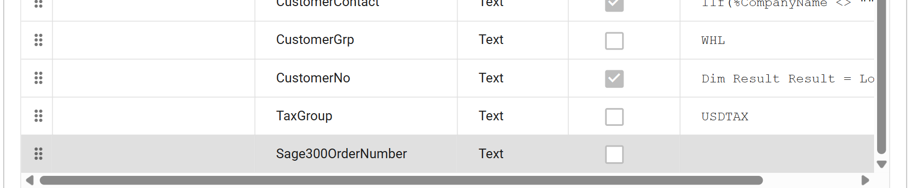 The end of the Orders field list, with Sage300OrderNumber added below TaxGroup