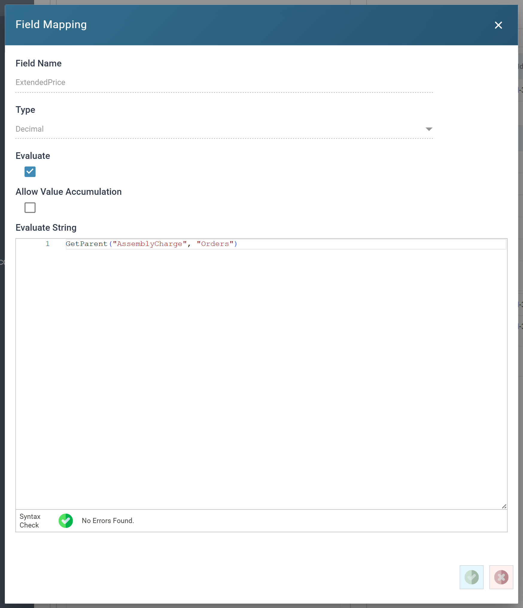 The Field Mapping dialog for ExtendedPrice on the Assembly calc record, with Evaluate ticked and the GetParent formula in the Evaluate String