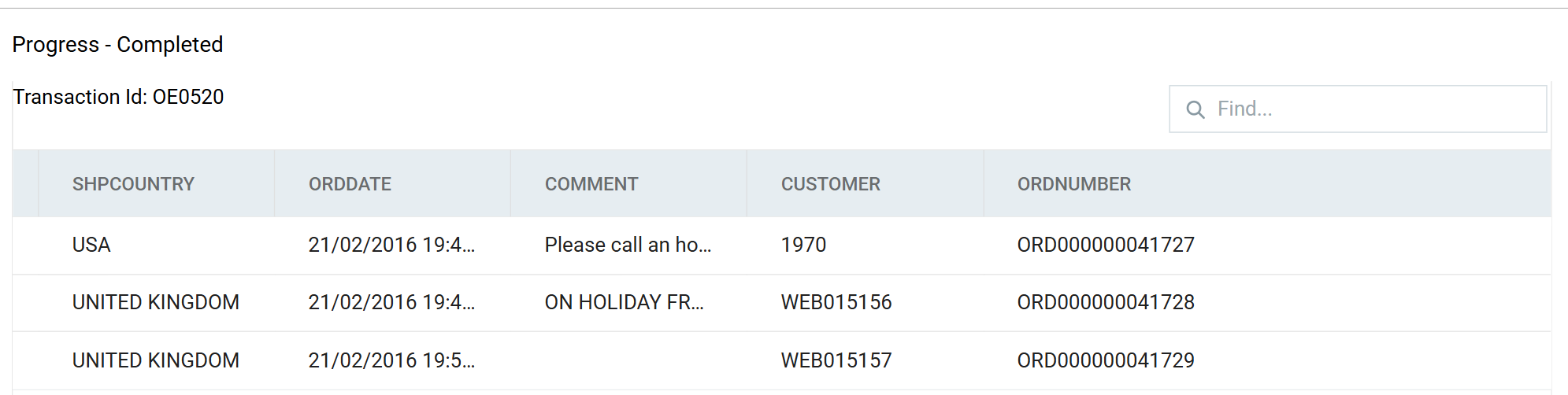 The connector preview reading Progress - Completed, headed Transaction Id OE0520, with the three orders and the ORDNUMBER Sage 300 allocated to each