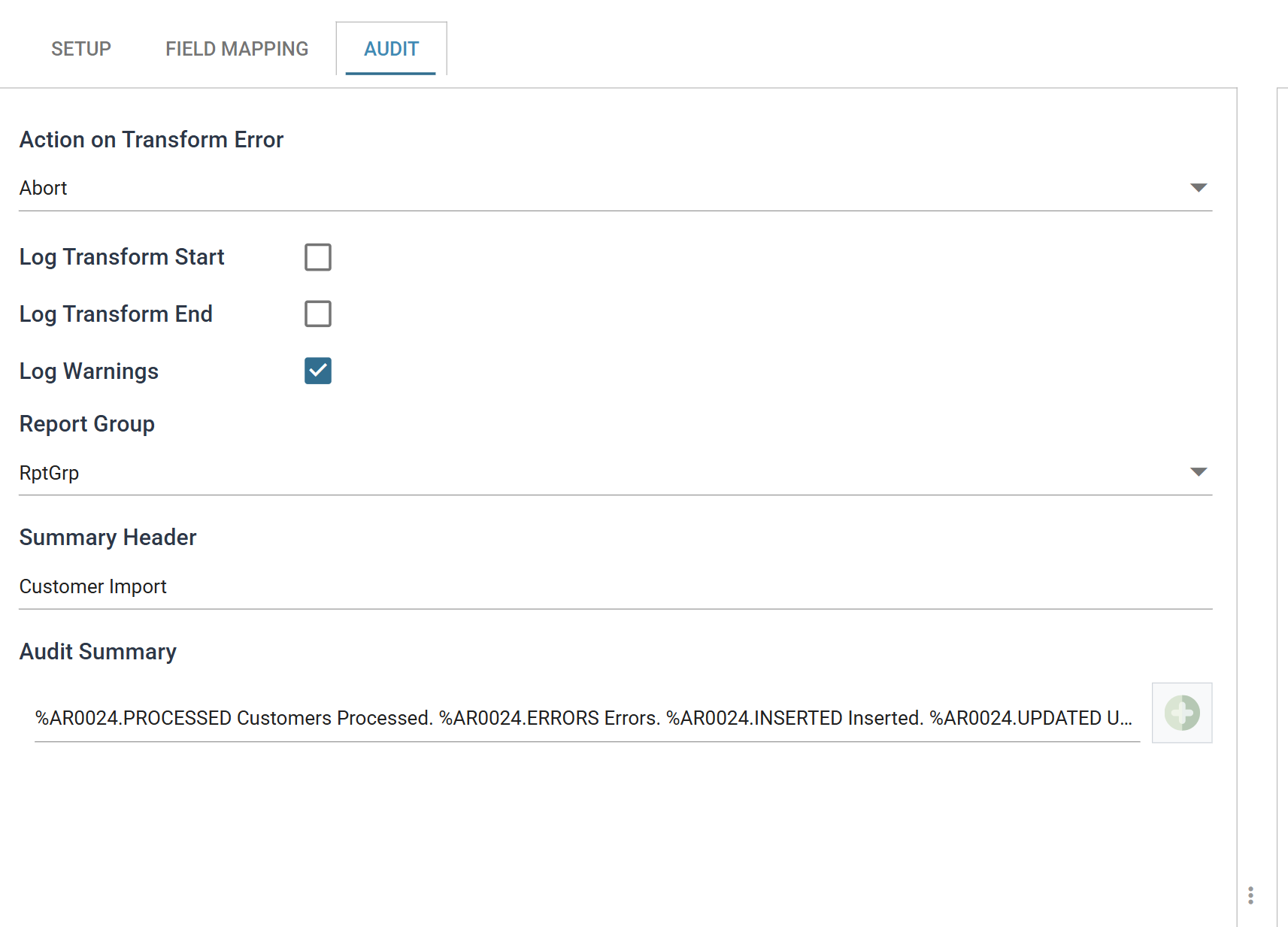 The customer connector's Audit tab with Summary Header set to Customer Import and the audit summary line entered beneath it