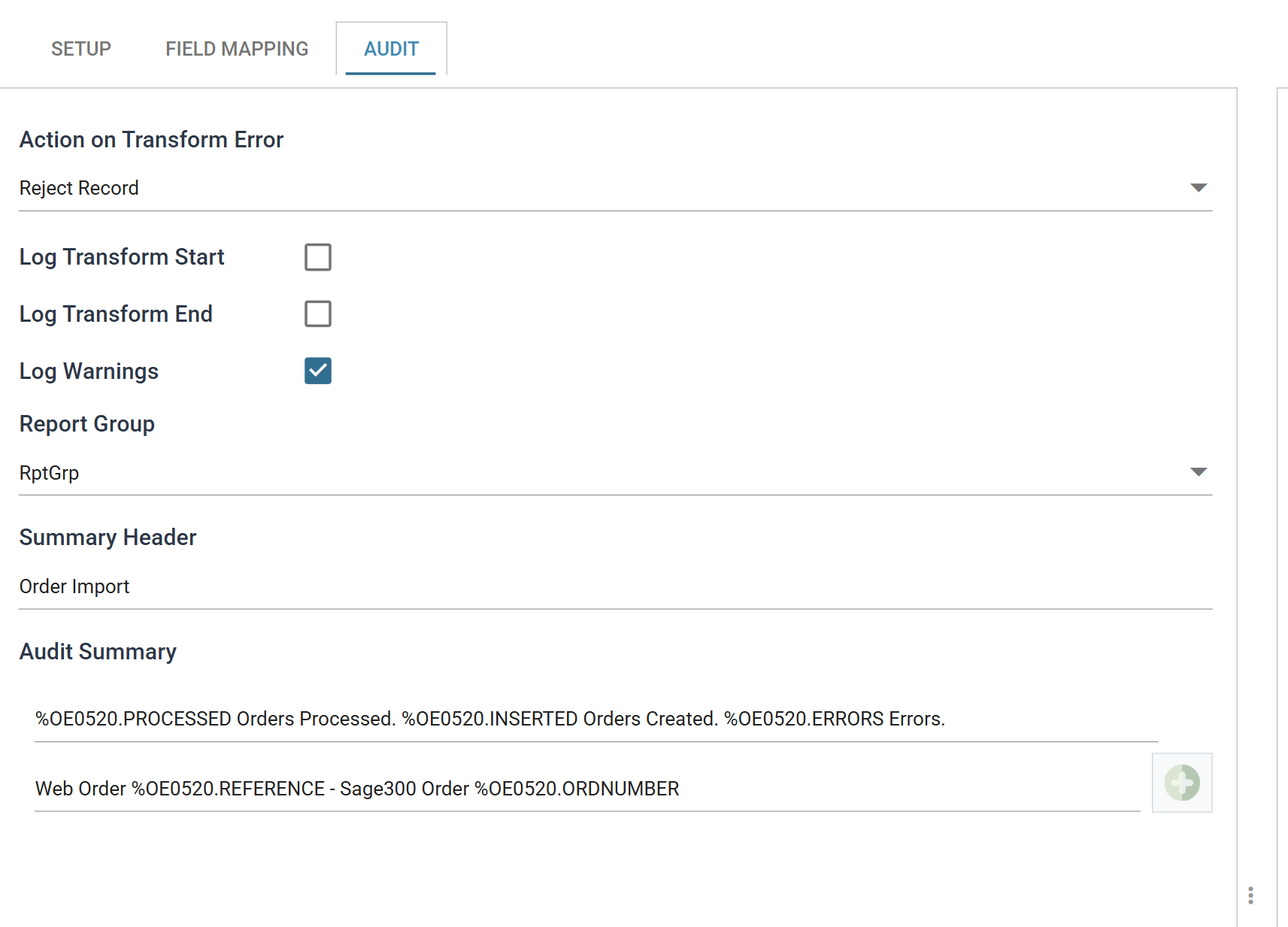 The order connector's Audit tab with Action on Transform Error set to Reject Record, Summary Header set to Order Import, and the two audit summary lines listed beneath it