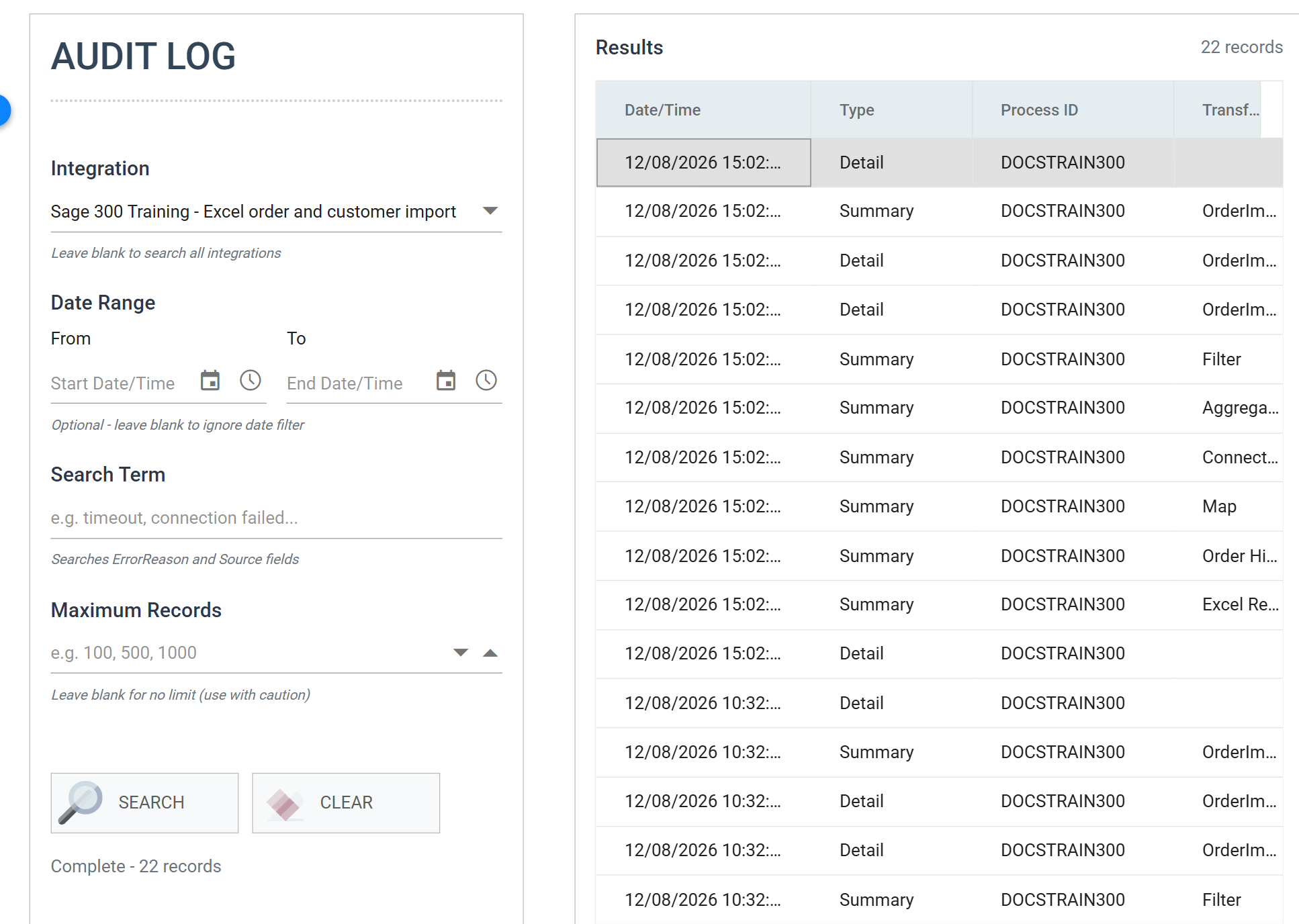 The Audit Log screen with the integration selected in the filter and the results grid listing the summary and detail rows for the run
