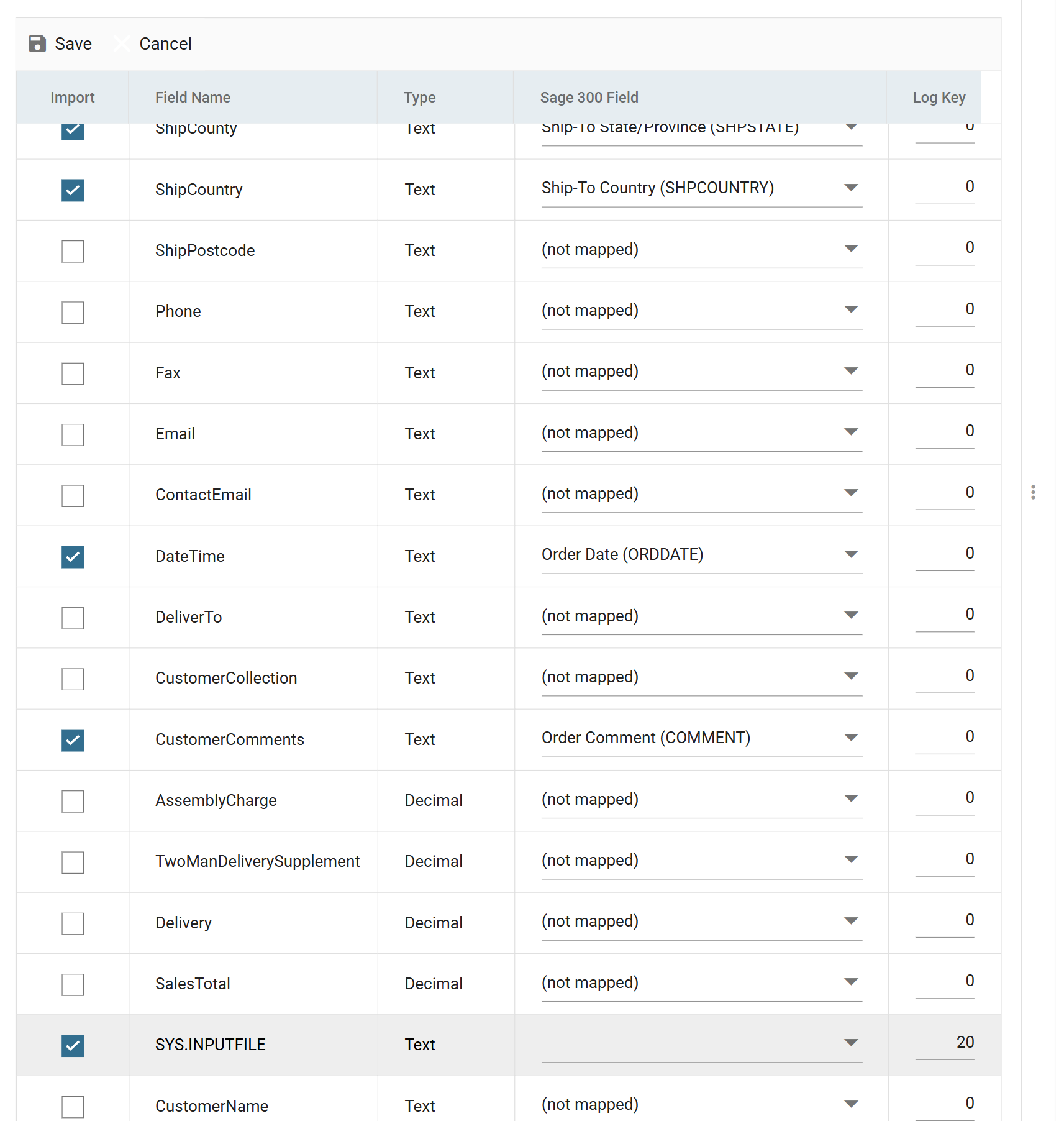 The order header field grid with the unmapped SYS.INPUTFILE field given a Log Key of 20 so that it flows through the connector without joining the Source column