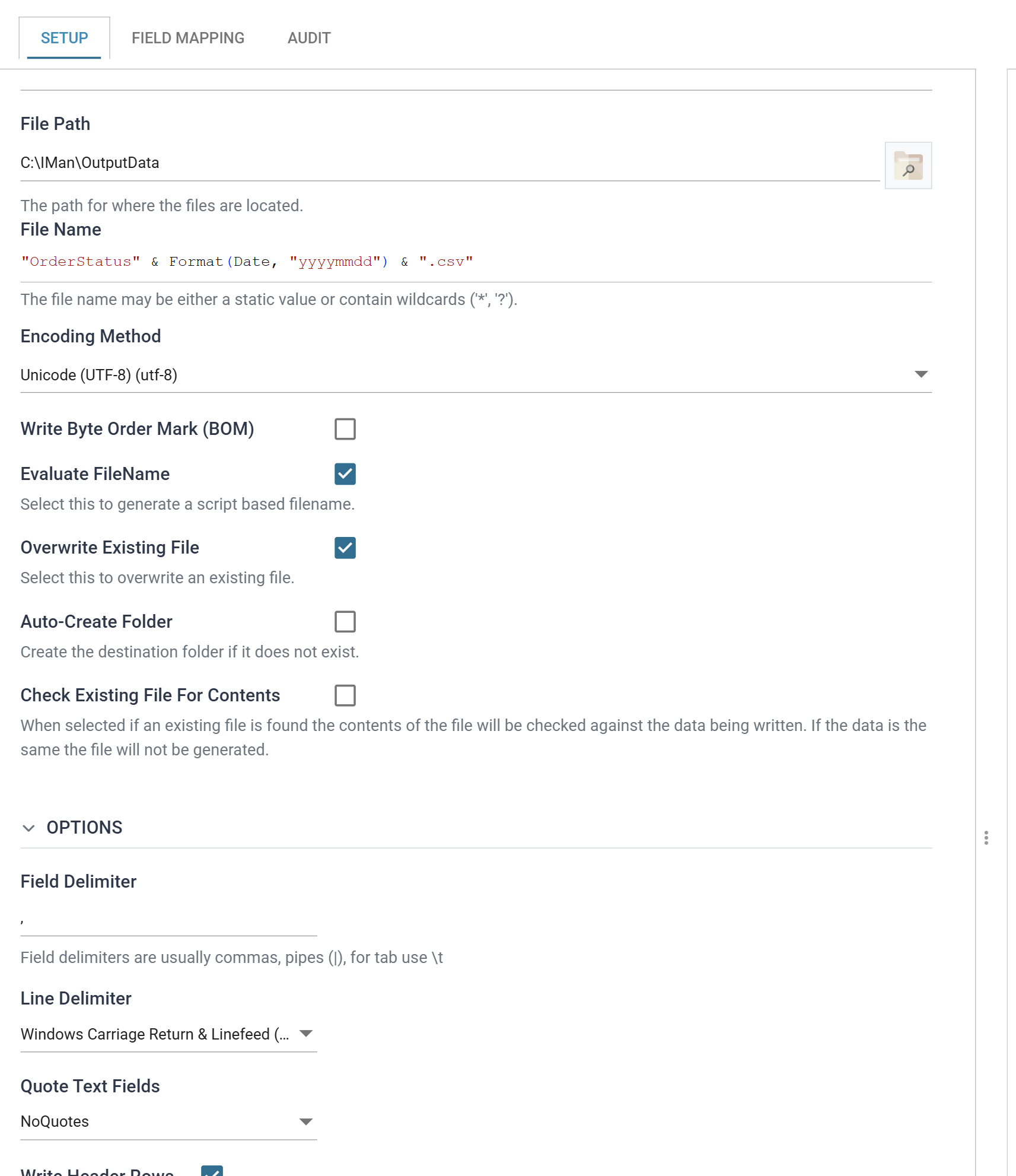 The CSV Writer's Setup tab with the transform id, file path, the evaluated file name formula and the encoding method filled in