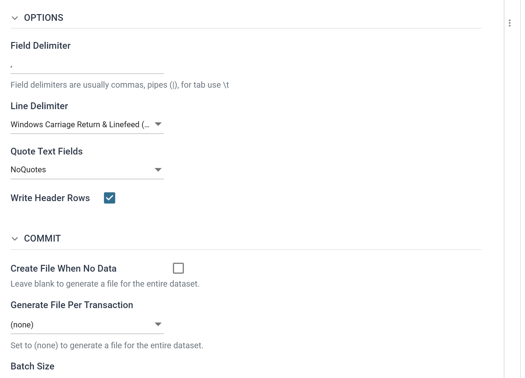 The Options section of the CSV Writer with the field and line delimiters, Quote Text Fields set to NoQuotes and Write Header Rows ticked