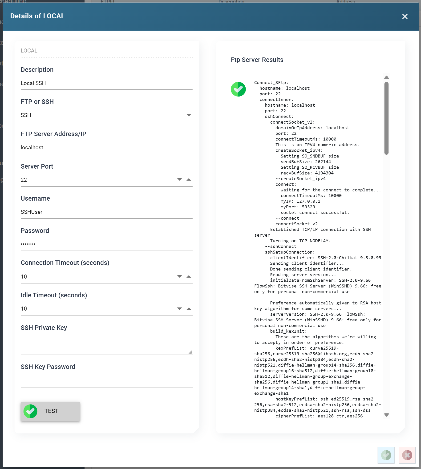 The Details of LOCAL dialog after pressing TEST, with a green tick on the TEST button, a green tick in the Ftp Server Results panel and the connection trace beside it