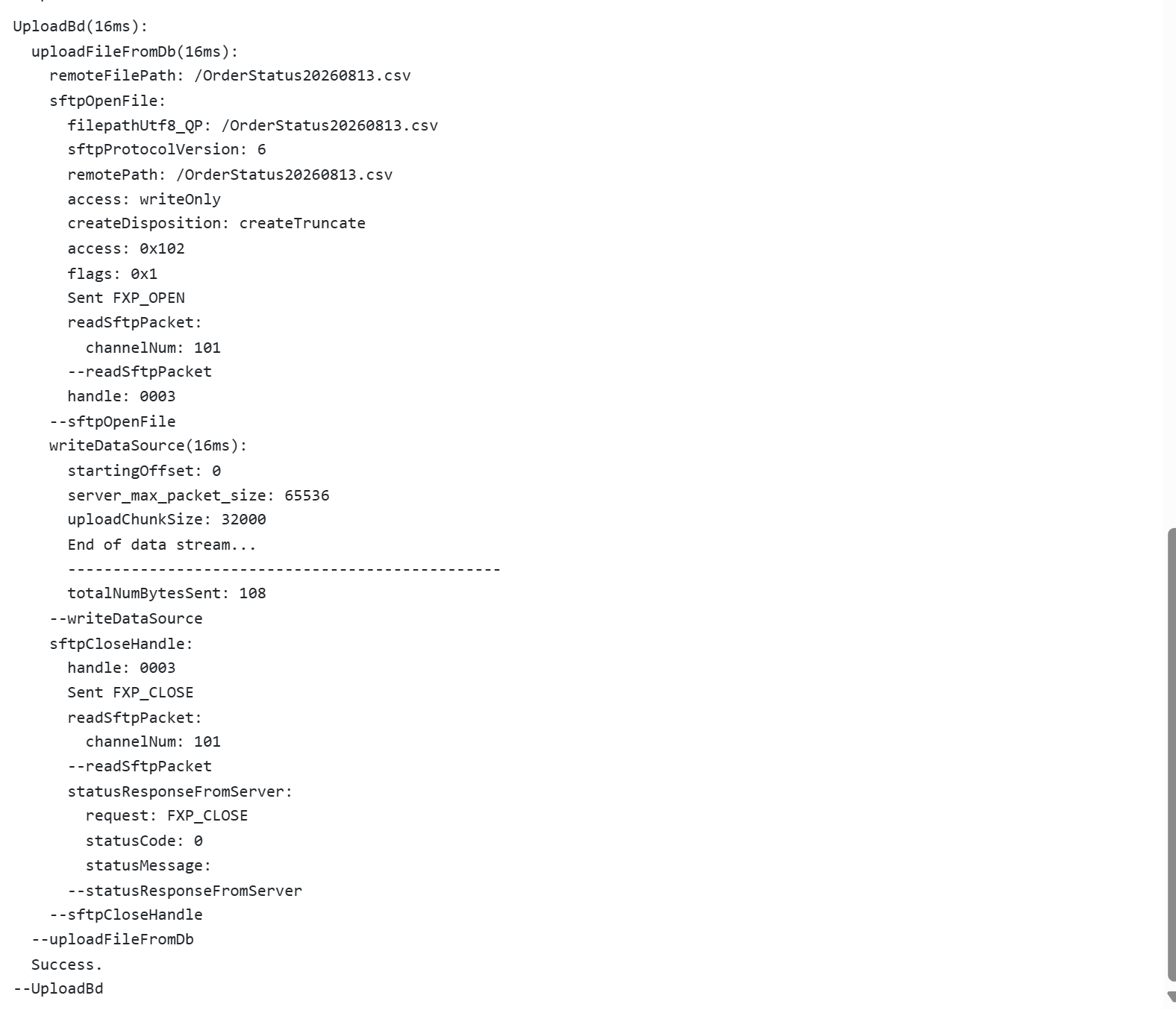 The TRACE tab showing the upload block, with the remote file path, 108 bytes sent and a final Success