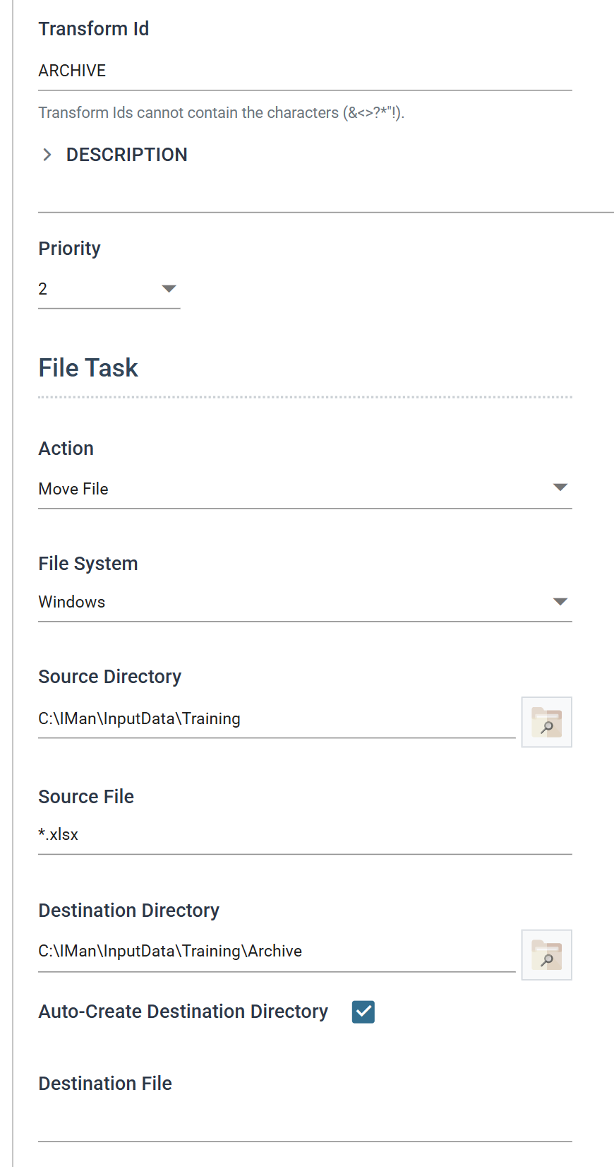 The File task's Setup tab with Transform Id ARCHIVE, Priority 2, Action Move File, the Training folder as source, the xlsx wildcard, and the Archive folder as destination with Auto-Create ticked