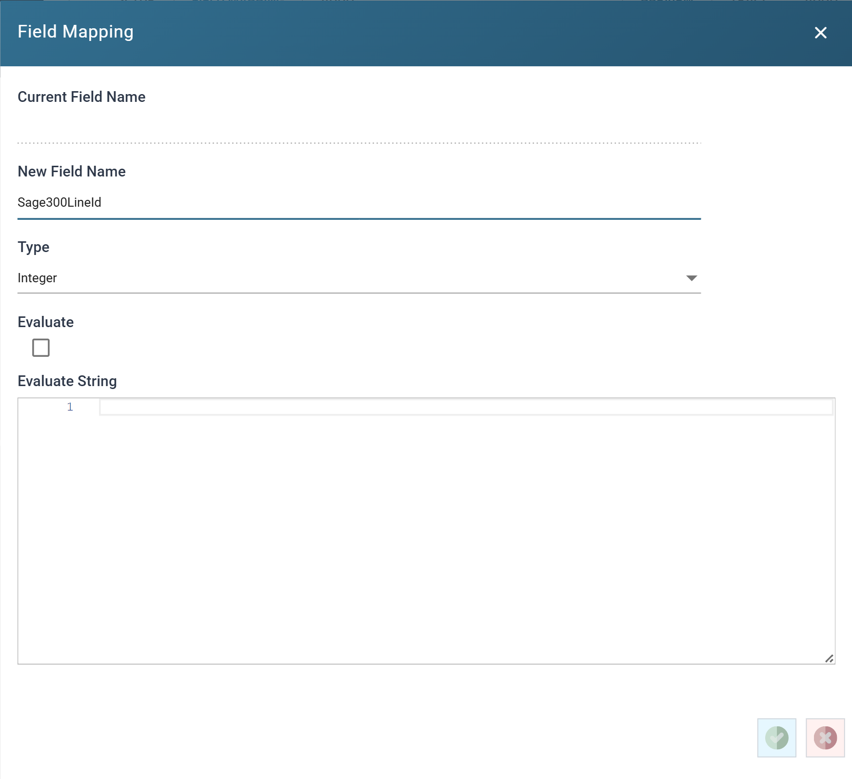 The Field Mapping dialog creating a new field called Sage300LineId, of type Integer, with Evaluate unticked and no formula