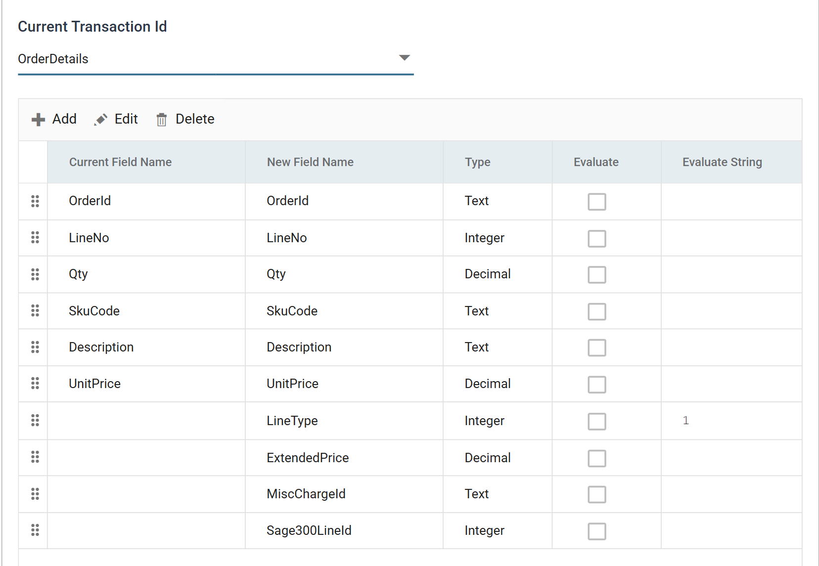 The OrderDetails field grid with Sage300LineId added as the tenth row, typed Integer with no formula