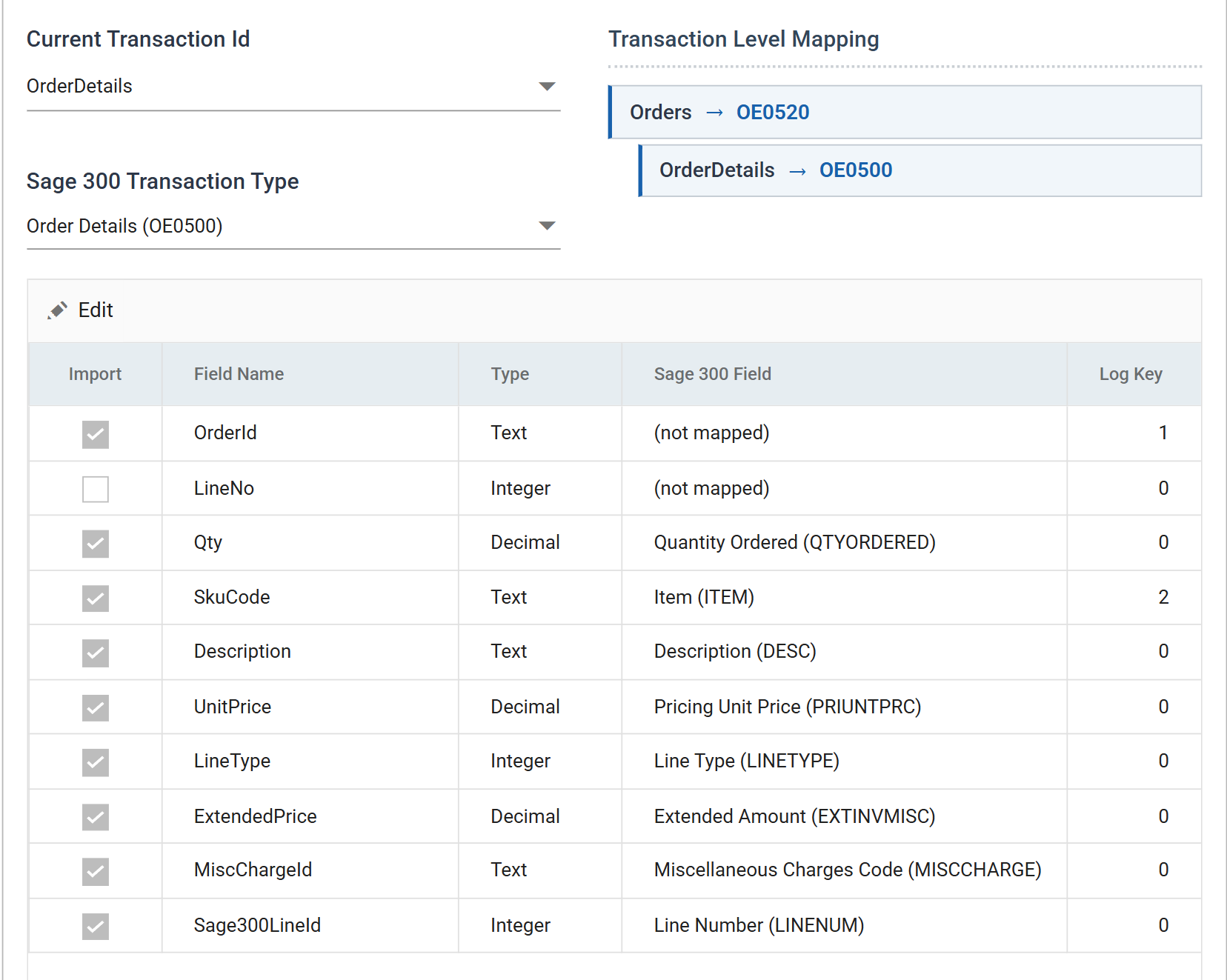 The order connector's OrderDetails mapping with Sage300LineId mapped to Line Number LINENUM and its Import box ticked