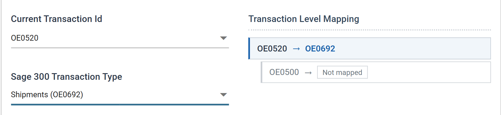 The field mapping tab showing Current Transaction Id OE0520 mapped to Sage 300 Transaction Type Shipments, and a Transaction Level Mapping summary reading OE0520 to OE0692 and OE0500 not mapped