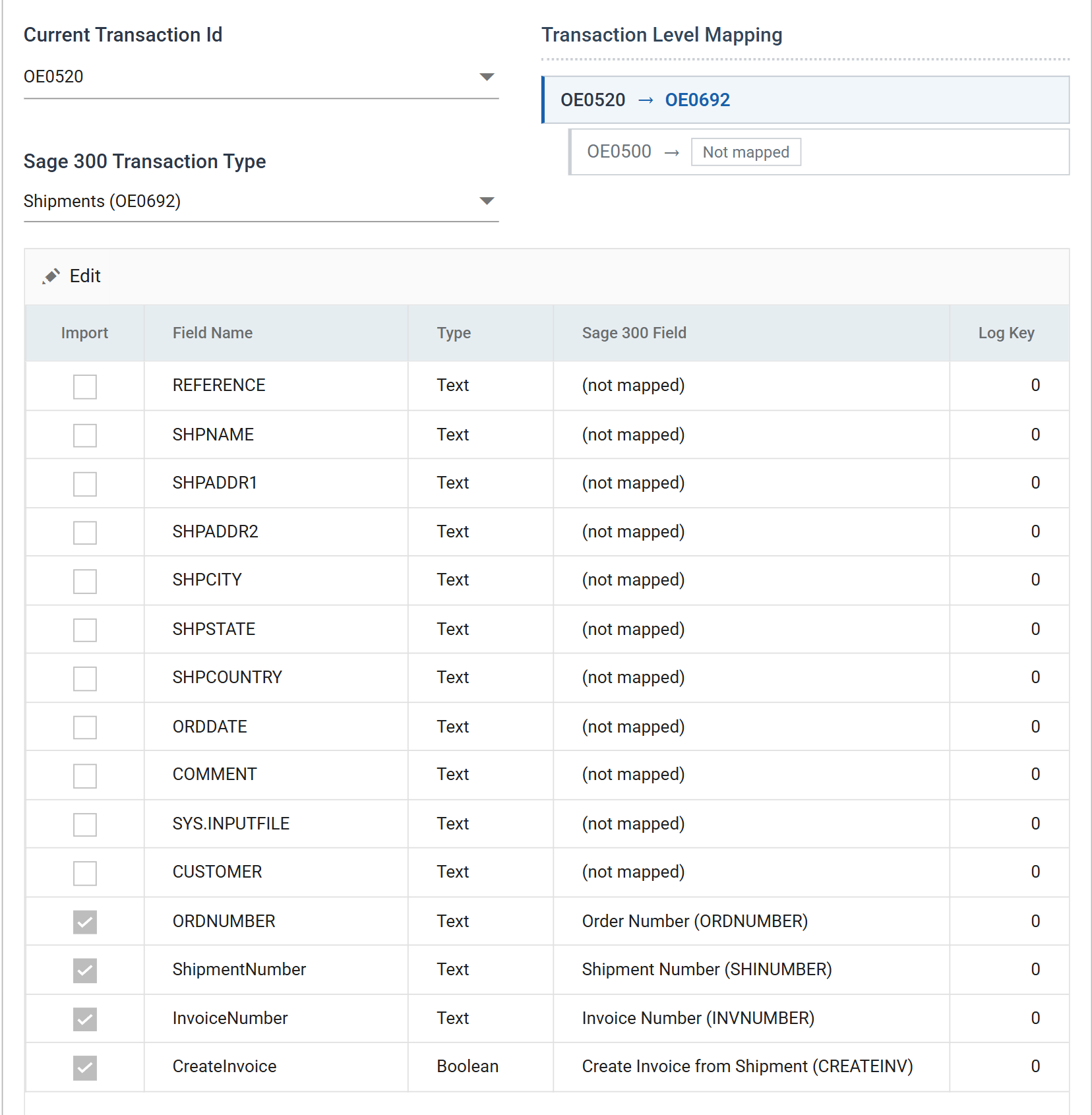 The shipment header mapping with ORDNUMBER, ShipmentNumber, InvoiceNumber and CreateInvoice each mapped to their Sage 300 field