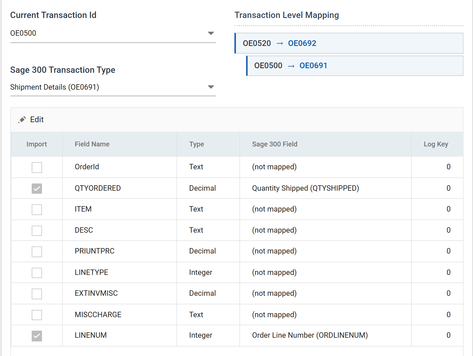 The shipment detail mapping with QTYORDERED mapped to Quantity Shipped and LINENUM mapped to Order Line Number