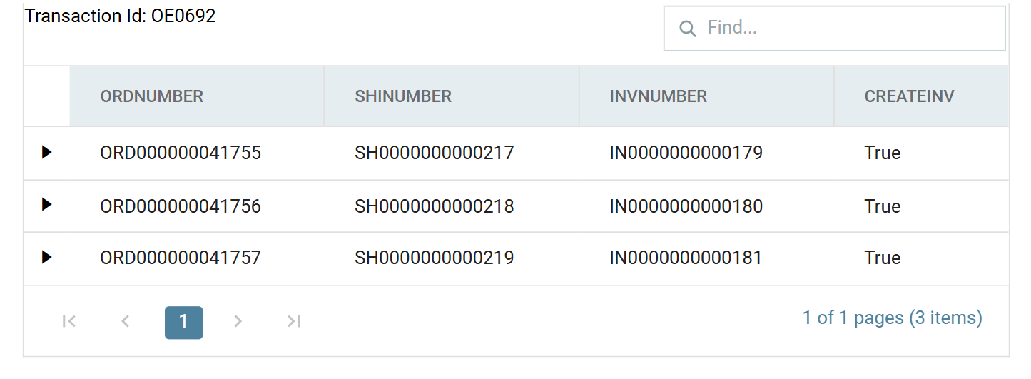 The shipment connector's preview on transaction OE0692, showing three orders each with a generated shipment number and invoice number, and CreateInvoice True