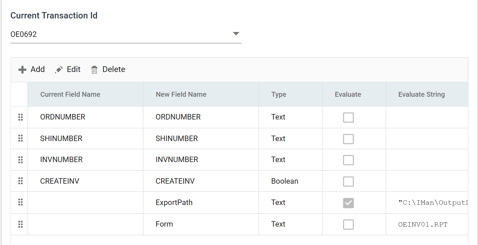 The INVOICEPREP field grid on OE0692 showing the four inherited shipment fields followed by ExportPath and Form