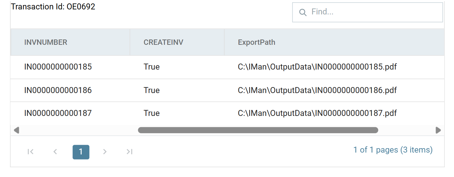 The INVOICEPREP preview showing each invoice number beside its evaluated ExportPath, a full path ending in the invoice number and .pdf