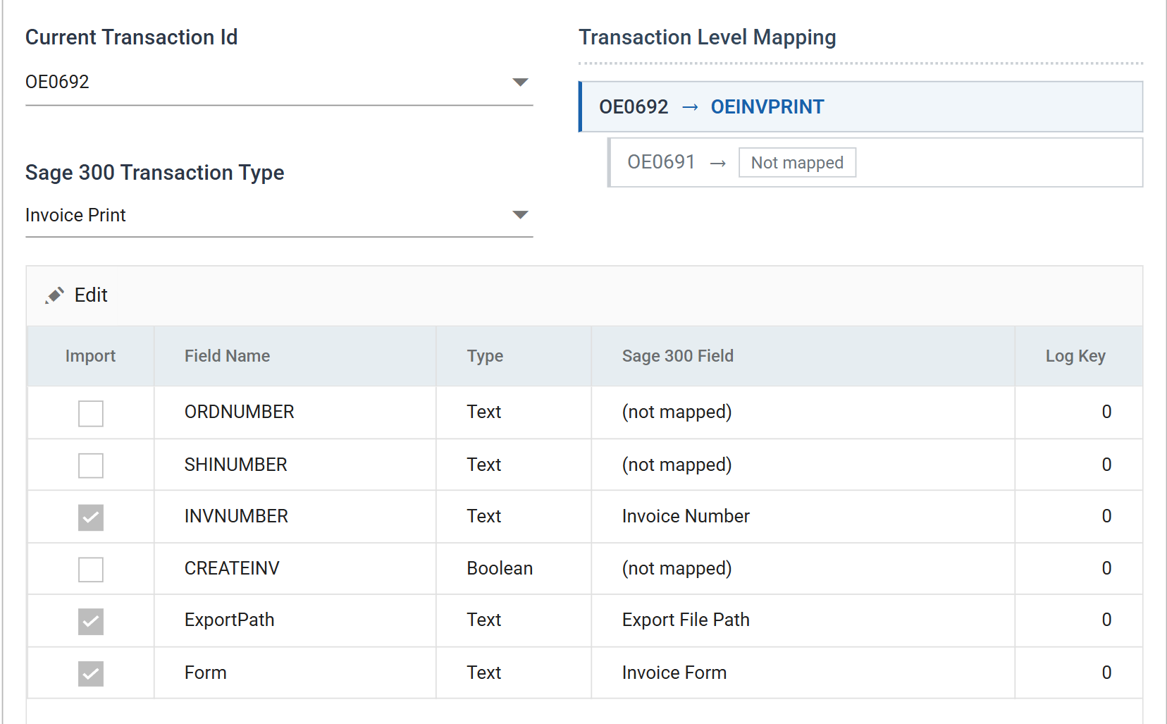 The invoice print mapping with INVNUMBER mapped to Invoice Number, ExportPath to Export File Path and Form to Invoice Form