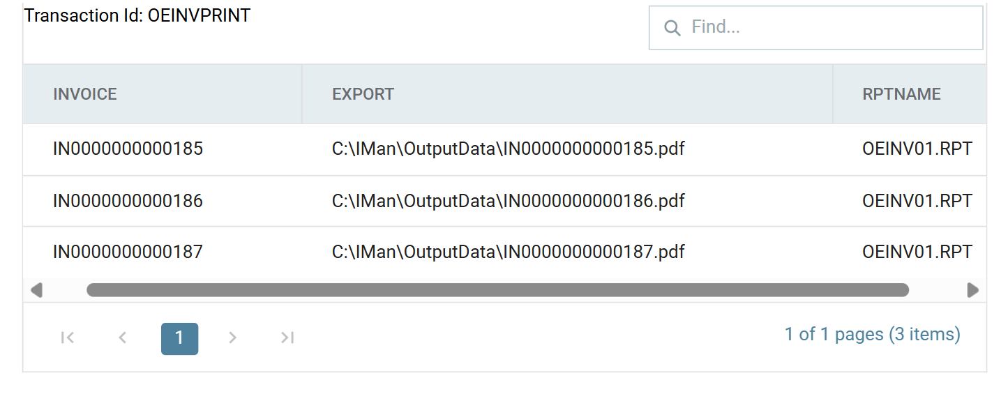 The invoice print preview on transaction OEINVPRINT, listing three invoices with the full path of each exported PDF and the report name OEINV01.RPT