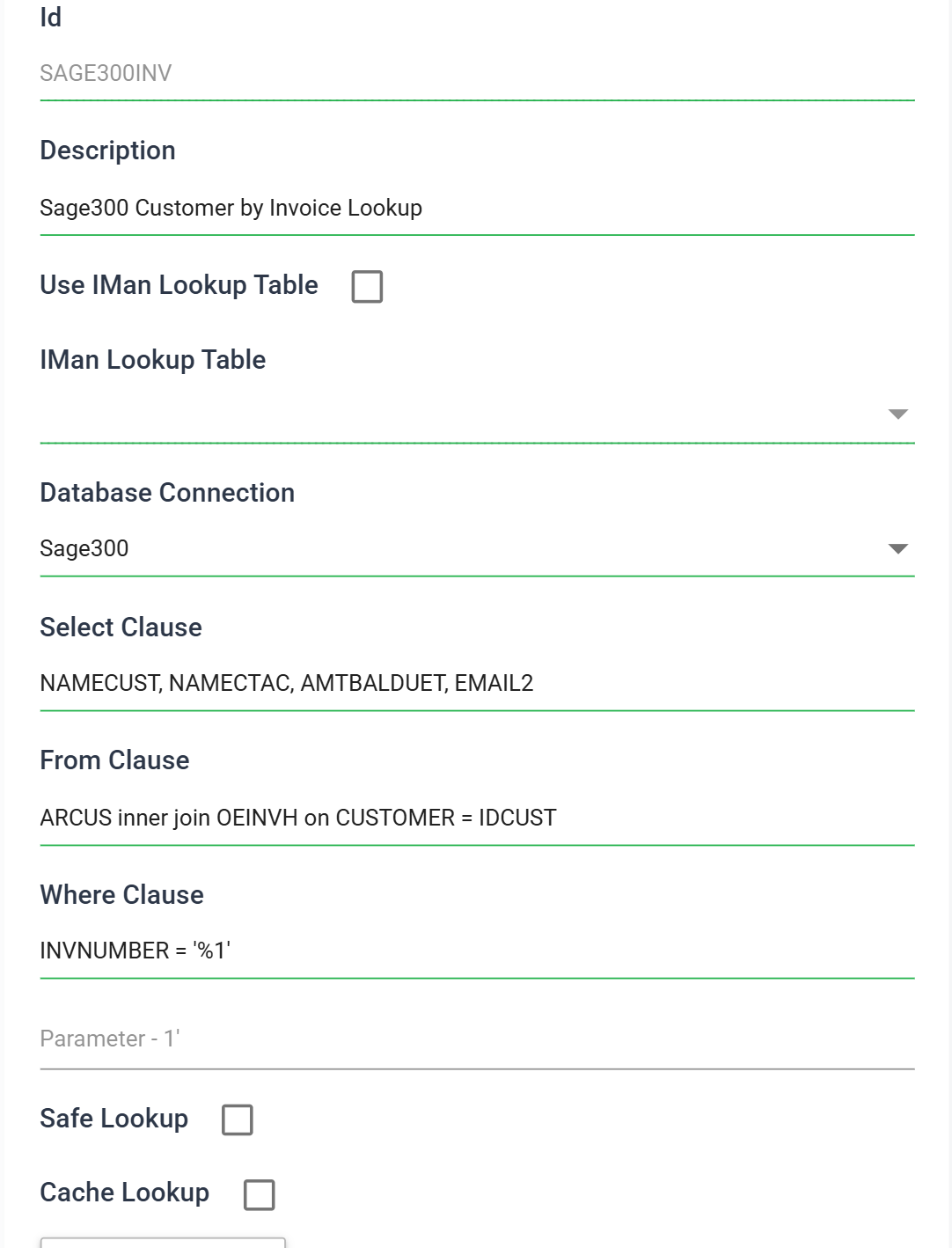 The Lookups form filled in with id SAGE300INV, the Sage300 database connection, and the select, from and where clauses, with an empty Parameter box below the where clause