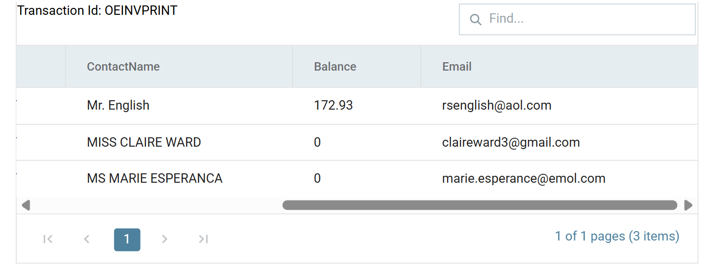 The EMAILPREP preview showing ContactName, Balance and Email resolved for all three invoices