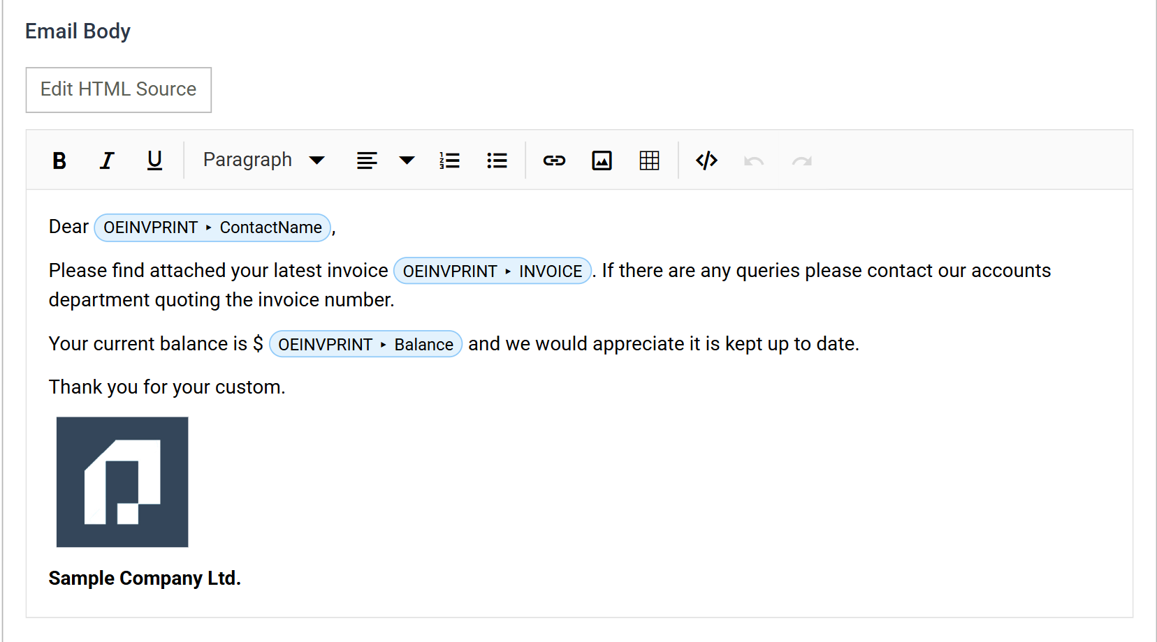 The email body in the rich text editor: three merge fields shown as blue chips, the embedded logo, and a bold Sample Company Ltd. sign-off